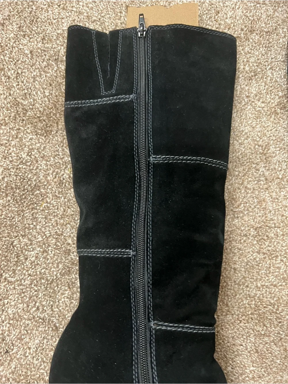 Genuine Stylish black suede knee boots with a comfortable wedge heel.
